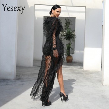 Yesexy 2020 Sexy Deep V Neck Ruffles Long Sleeve Female Overalls Elegant High Split See Through Rompers Women Jumpsuit VR9561